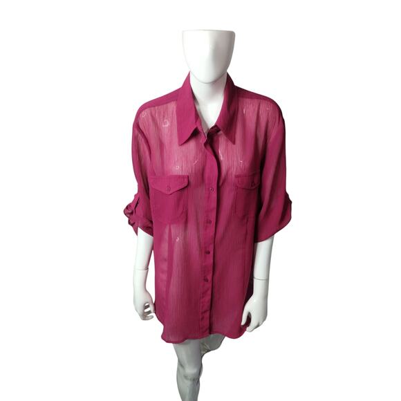 Emma James Womens Textured Button Up Classic Sheer Beachy Resortwear Roll-up 3X - Picture 4 of 12